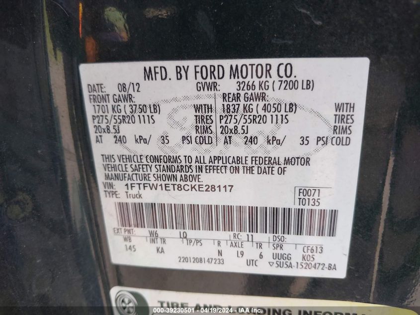 2012 Ford F-150 King Ranch VIN: 1FTFW1ET8CKE28117 Lot: 39230501