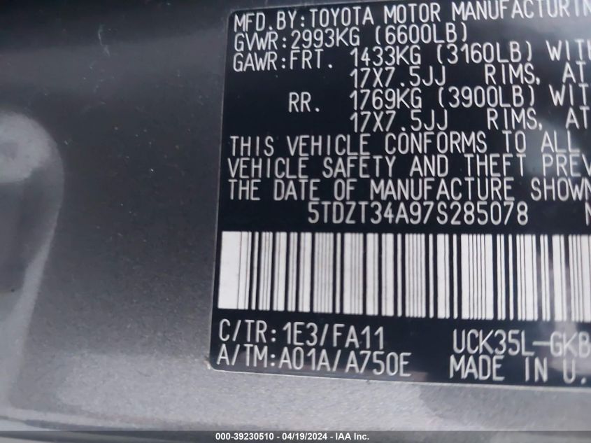 2007 Toyota Sequoia Sr5 V8 VIN: 5TDZT34A97S285078 Lot: 39252047