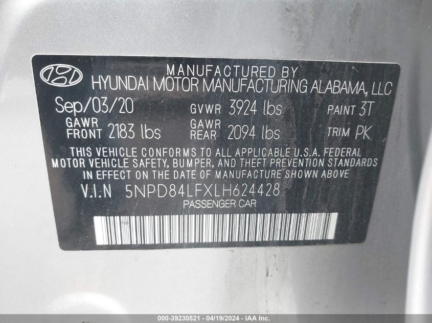 2020 Hyundai Elantra Sel VIN: 5NPD84LFXLH624428 Lot: 41660564