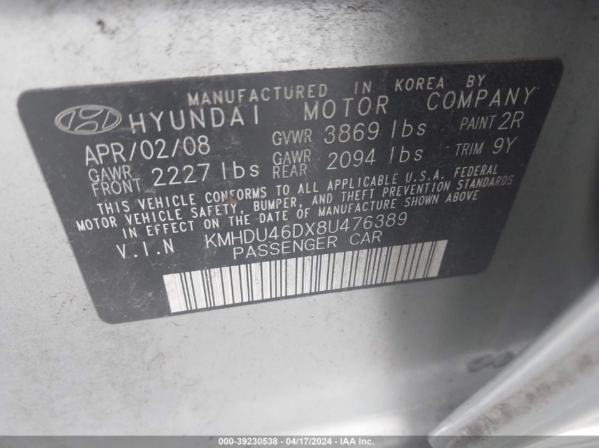 KMHDU46DX8U476389 | 2008 HYUNDAI ELANTRA