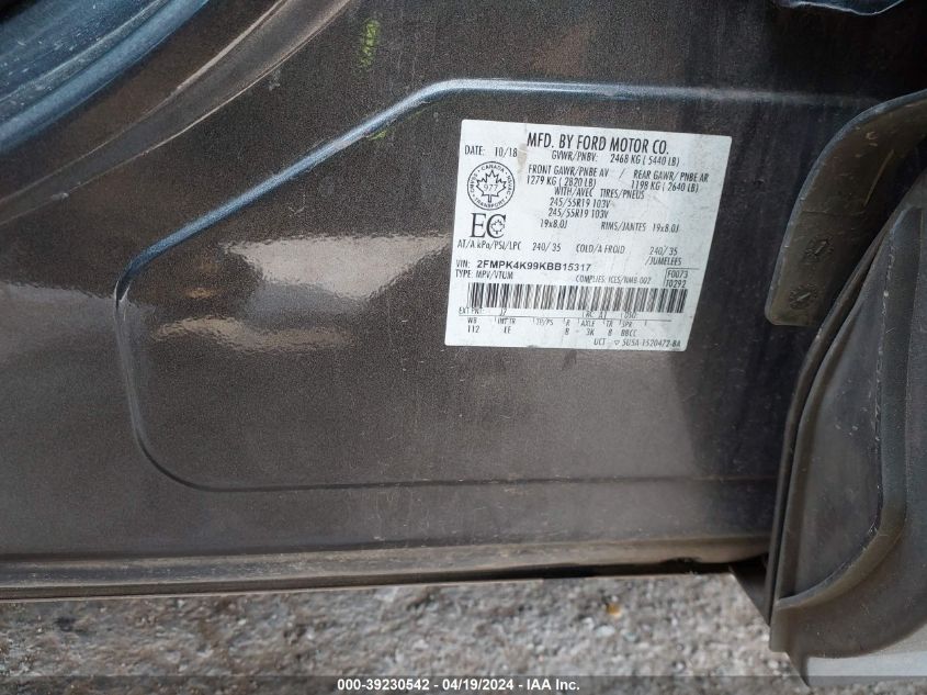 2019 Ford Edge Titanium VIN: 2FMPK4K99KBB15317 Lot: 39230542