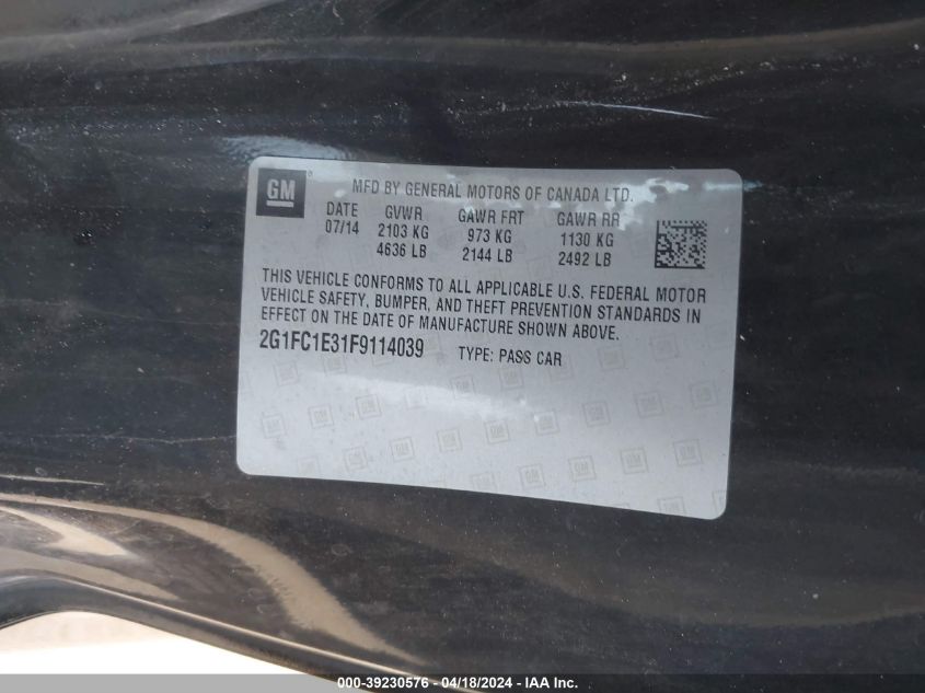 2015 Chevrolet Camaro 1Lt VIN: 2G1FC1E31F9114039 Lot: 39230576