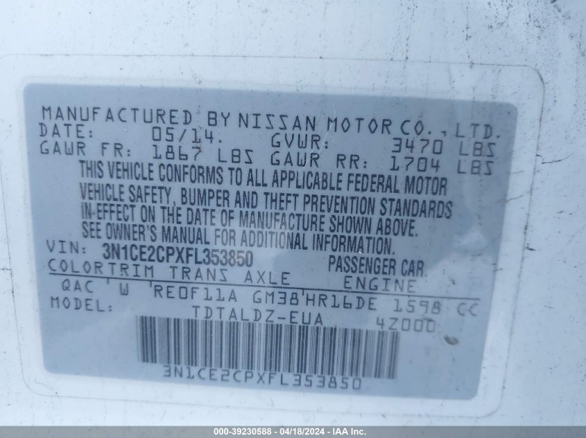 2015 Nissan Versa Note S (Sr)/S Plus/Sl/Sr/Sv VIN: 3N1CE2CPXFL353850 Lot: 39230588