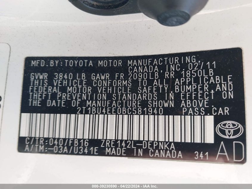 2011 Toyota Corolla Le VIN: 2T1BU4EE0BC581940 Lot: 39230590