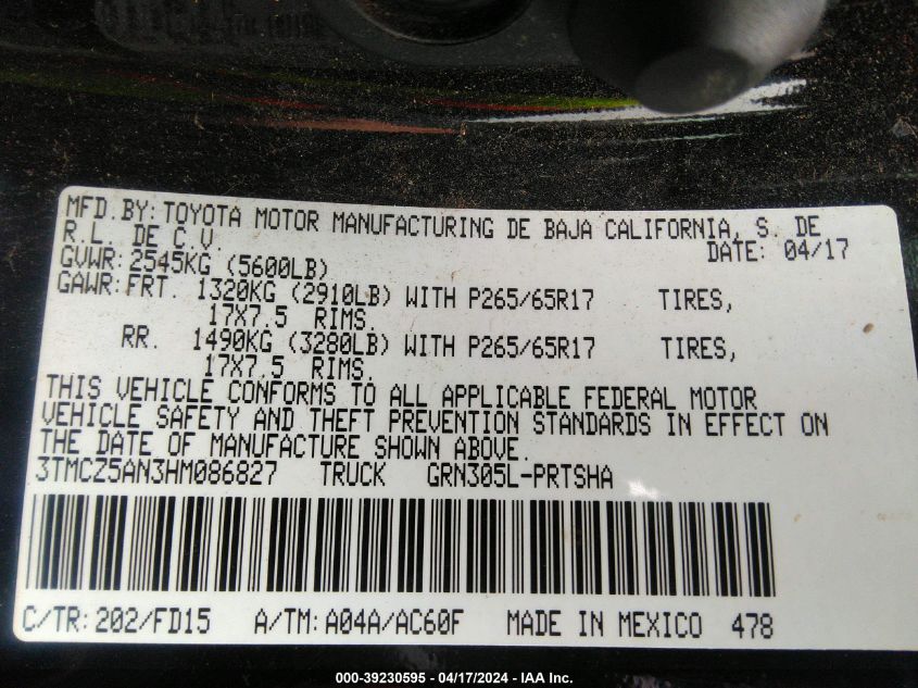 2017 Toyota Tacoma Trd Sport VIN: 3TMCZ5AN3HM086827 Lot: 39230595