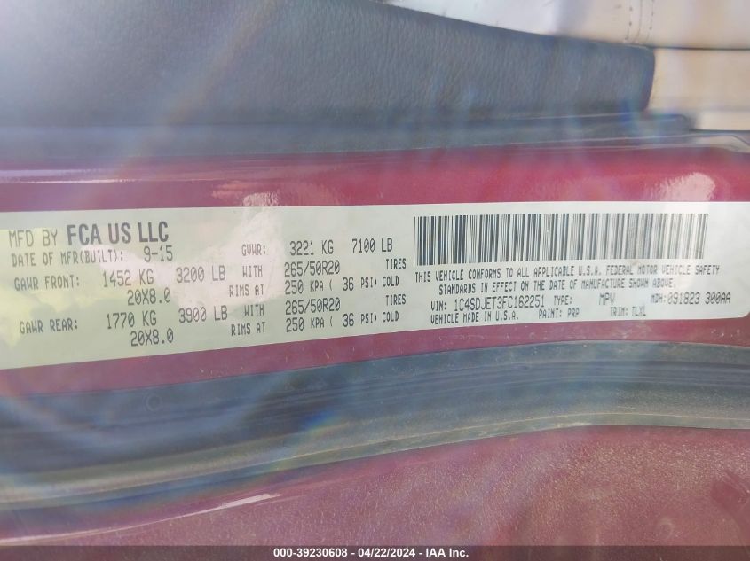 2015 Dodge Durango Citadel VIN: 1C4SDJET3FC162251 Lot: 39230608