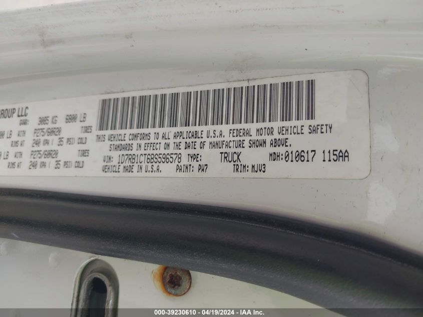 2011 Ram Ram 1500 Slt VIN: 1D7RB1CT6BS596578 Lot: 39230610