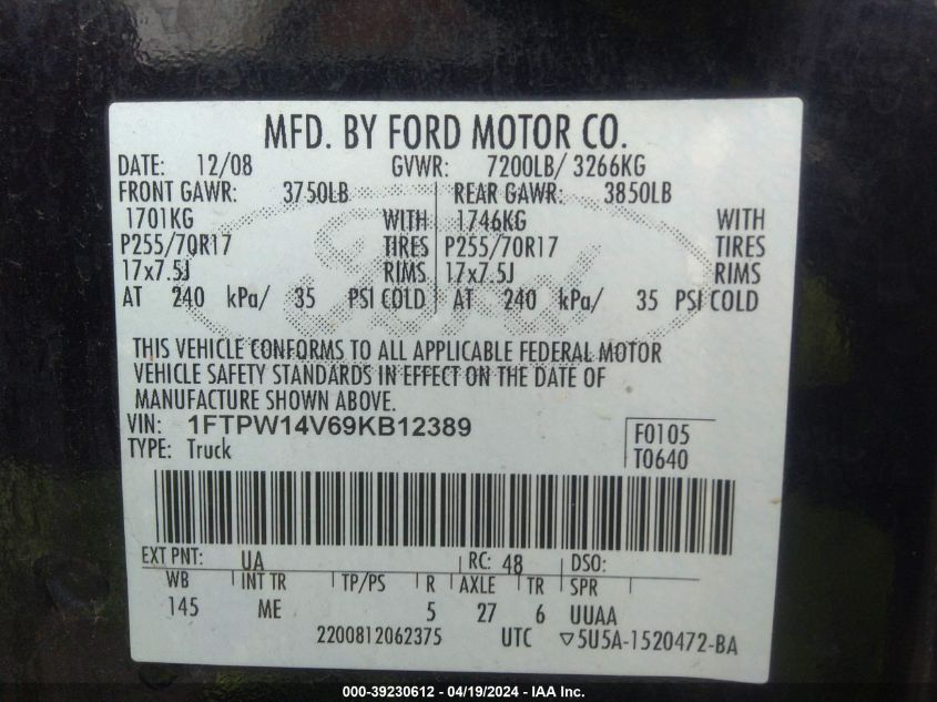 2009 Ford F-150 Fx4/King Ranch/Lariat/Platinum/Xl/Xlt VIN: 1FTPW14V69KB12389 Lot: 39230612