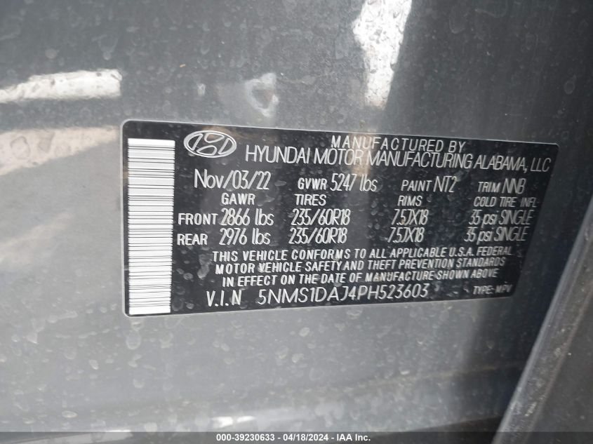 2023 Hyundai Santa Fe Se VIN: 5NMS1DAJ4PH523603 Lot: 39258642