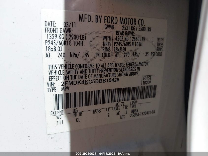 2011 Ford Edge Limited VIN: 2FMDK4KC5BBB15426 Lot: 20153449