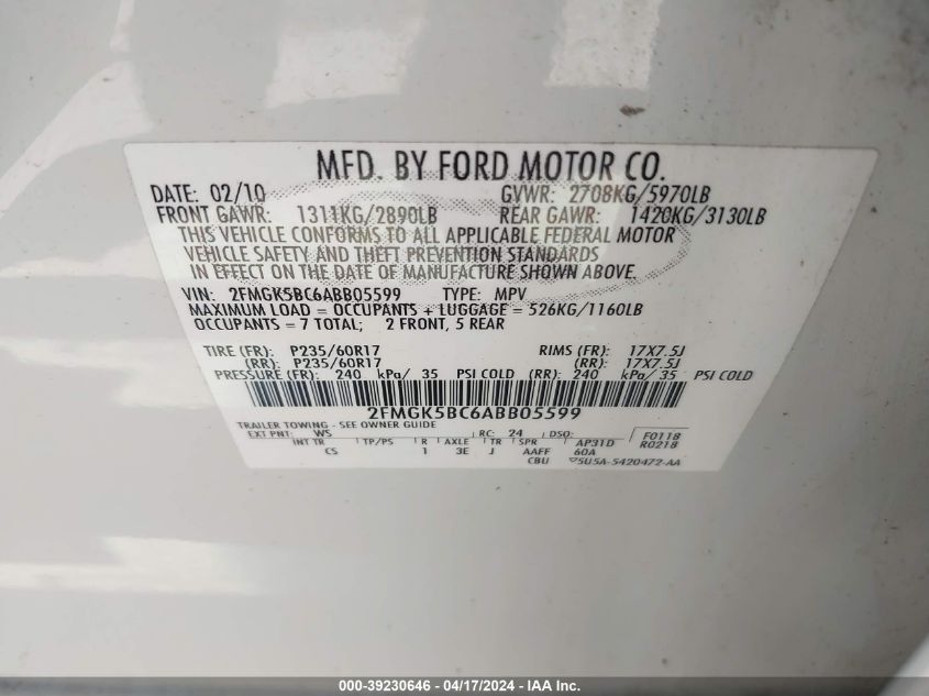 2010 Ford Flex Se VIN: 2FMGK5BC6ABB05599 Lot: 39230646