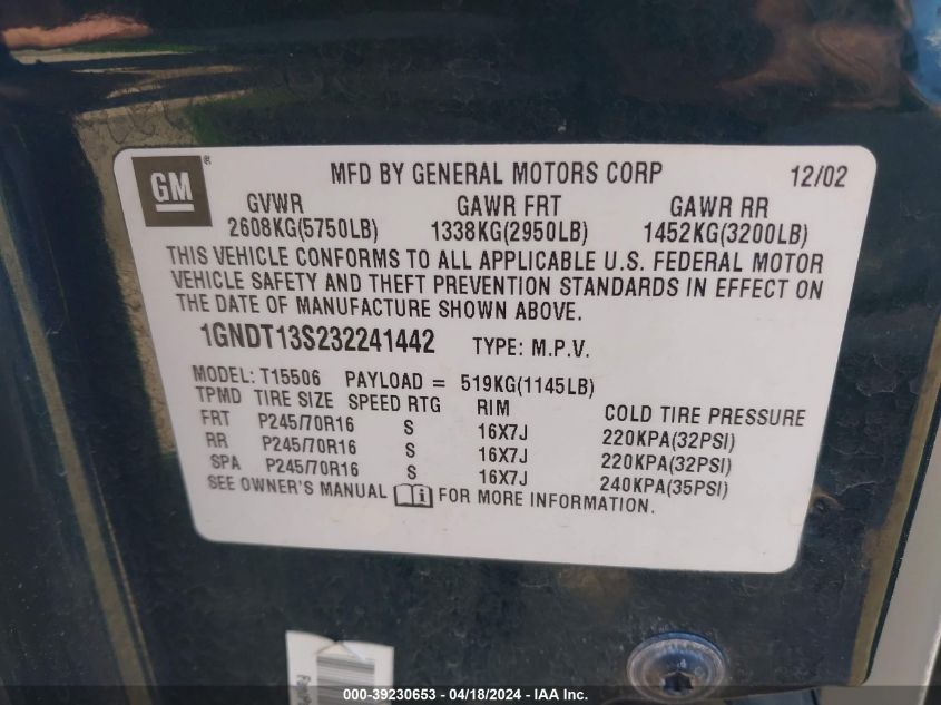 2003 Chevrolet Trailblazer Ls VIN: 1GNDT13S232241442 Lot: 39230653