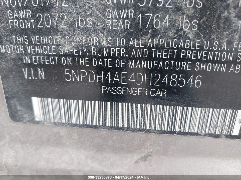 2013 Hyundai Elantra Gls VIN: 5NPDH4AE4DH248546 Lot: 39230673