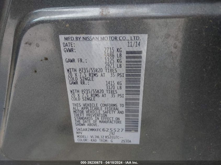 2015 Nissan Pathfinder Platinum VIN: 5N1AR2MMXFC625527 Lot: 39230675