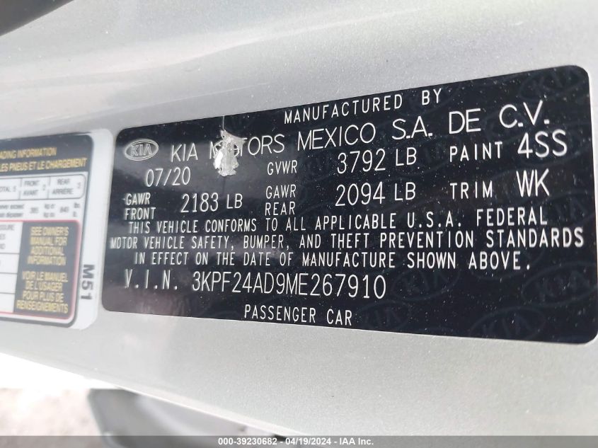 2021 Kia Forte Lxs VIN: 3KPF24AD9ME267910 Lot: 39230682