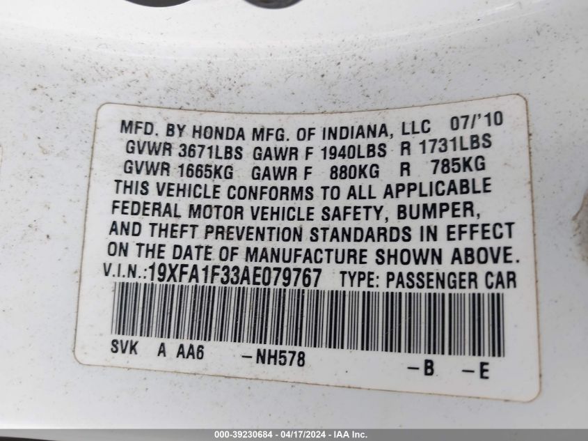 2010 Honda Civic Vp VIN: 19XFA1F33AE079767 Lot: 39230684