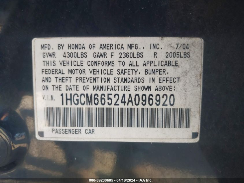 2004 Honda Accord 3.0 Ex VIN: 1HGCM66524A096920 Lot: 39230685