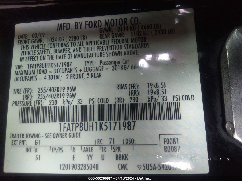 2019 Ford Mustang Ecoboost Premium VIN: 1FATP8UH1K5171987 Lot: 39230687