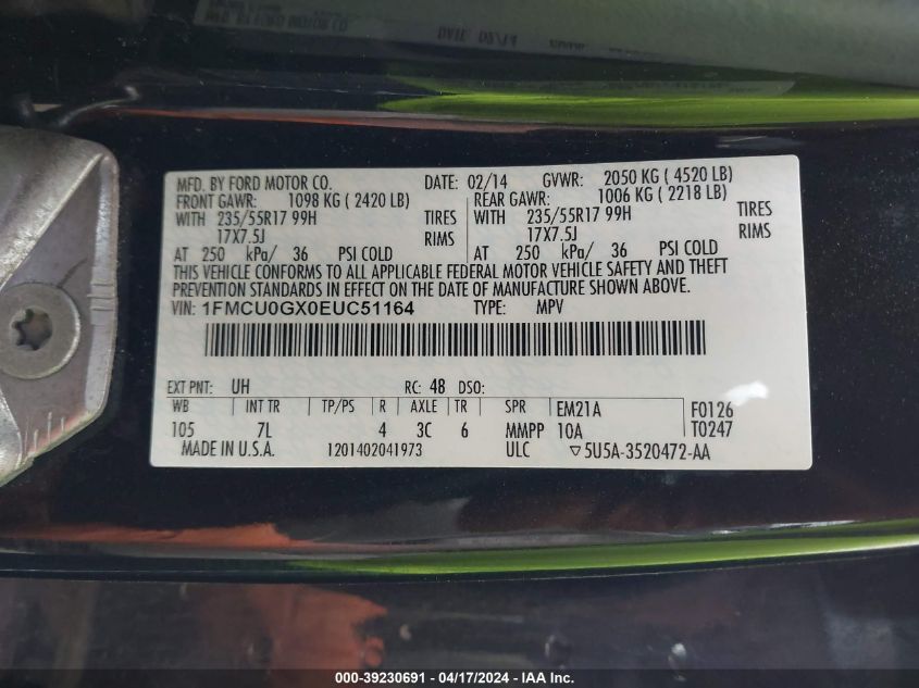 2014 Ford Escape Se VIN: 1FMCU0GX0EUC51164 Lot: 48165434