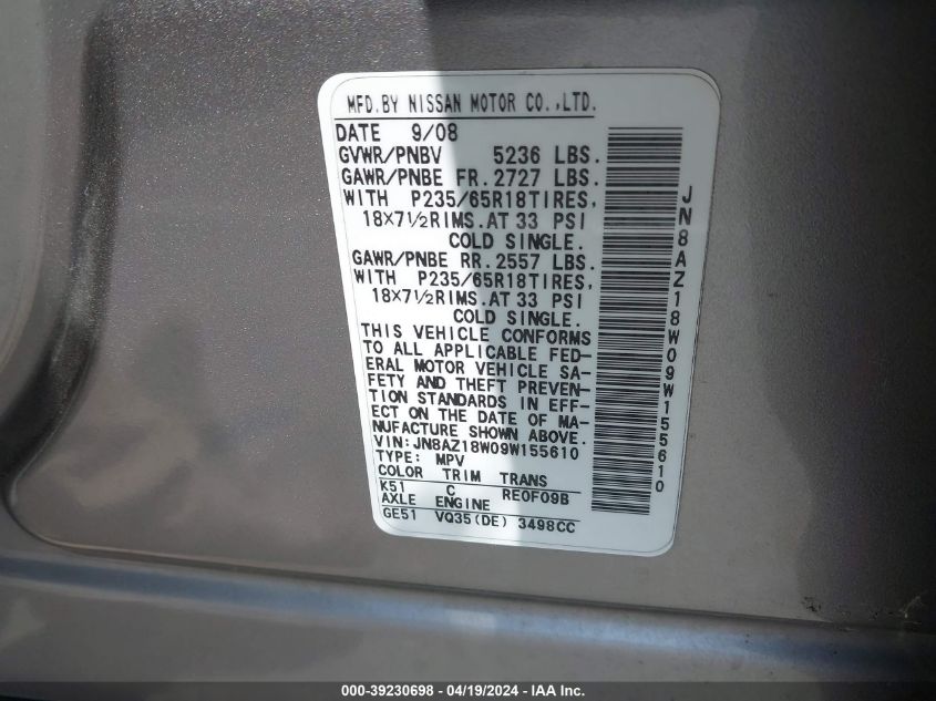 2009 Nissan Murano S VIN: JN8AZ18W09W155610 Lot: 39230698