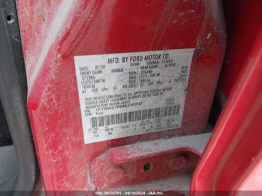 2008 Ford F-250 Fx4/Harley-Davidson/King Ranch/Lariat/Xl/Xlt VIN: 1FTSW21R68EC03747 Lot: 39230701