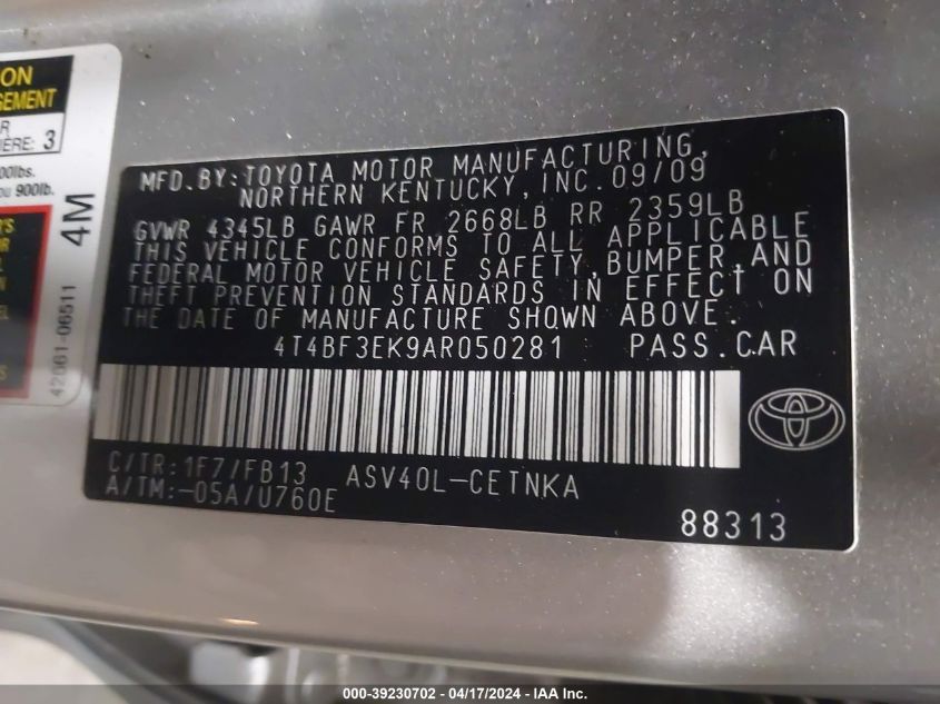 2010 Toyota Camry Le VIN: 4T4BF3EK9AR050281 Lot: 48689324