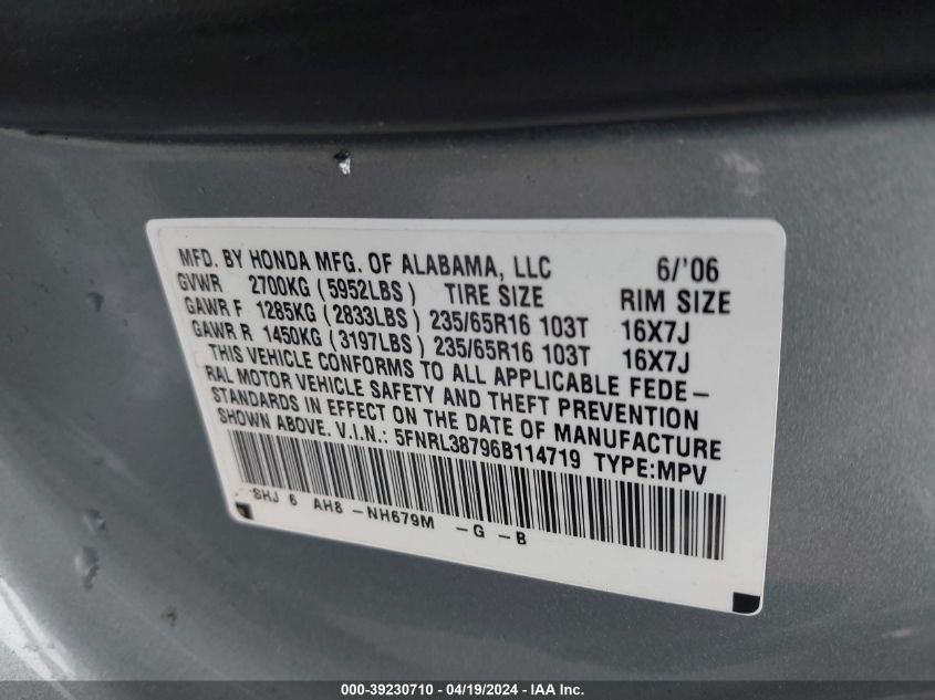 2006 Honda Odyssey Ex-L VIN: 5FNRL38796B114719 Lot: 48841544