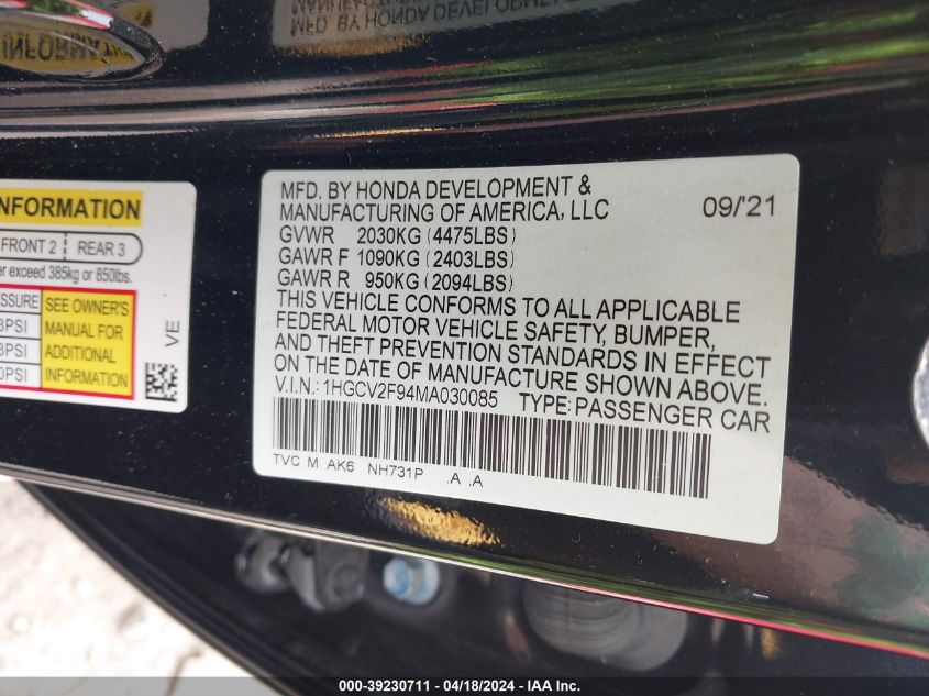 2021 Honda Accord Touring VIN: 1HGCV2F94MA030085 Lot: 39230711