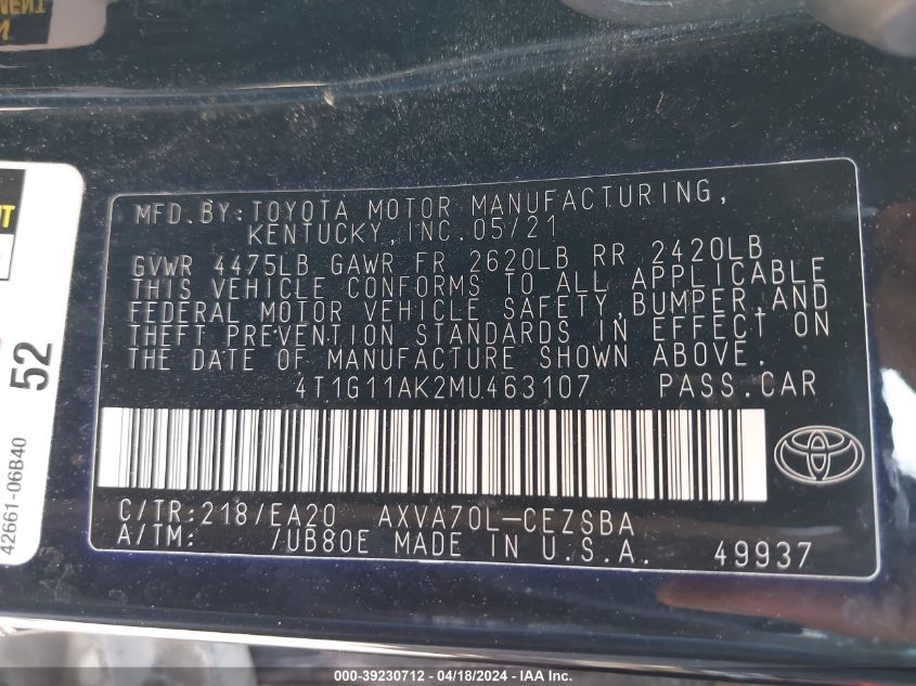 2021 Toyota Camry Se VIN: 4T1G11AK2MU463107 Lot: 39230712