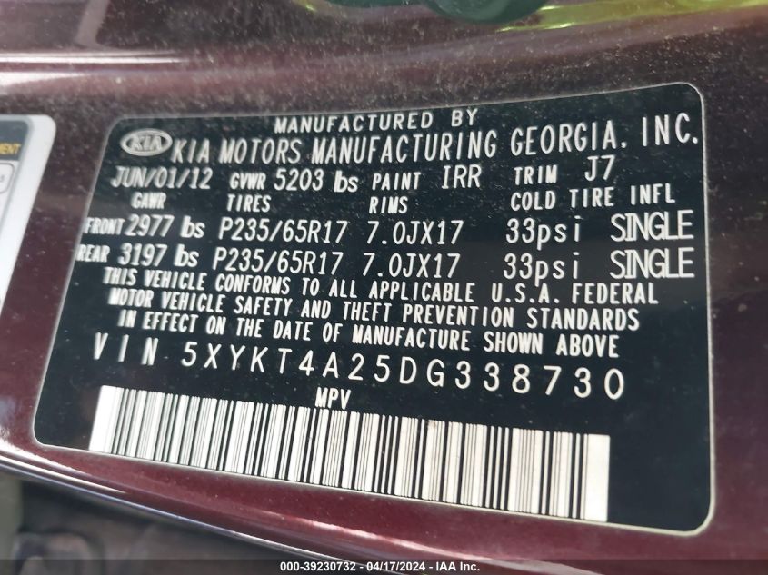 2013 Kia Sorento Lx V6 VIN: 5XYKT4A25DG338730 Lot: 39230732