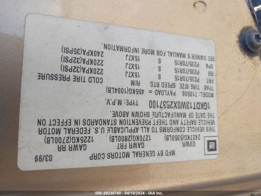 1999 GMC Jimmy Slt VIN: 1GKDT13W0X2537100 Lot: 39230740