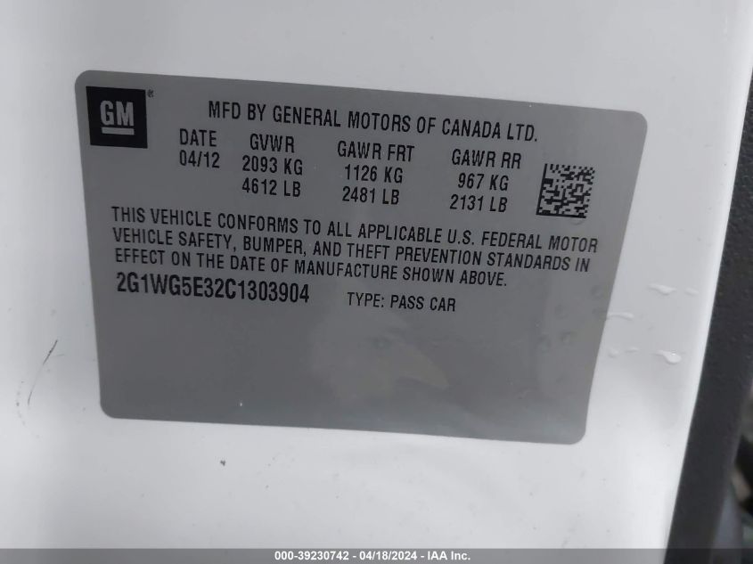 2012 Chevrolet Impala Lt VIN: 2G1WG5E32C1303904 Lot: 39230742