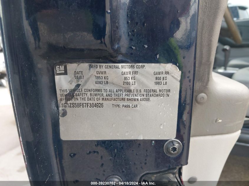 2007 Chevrolet Malibu Ls VIN: 1G1ZS58F67F304926 Lot: 39230729