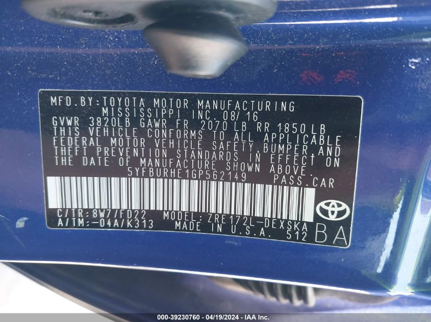 2016 Toyota Corolla S Plus VIN: 5YFBURHE1GP562149 Lot: 39230760