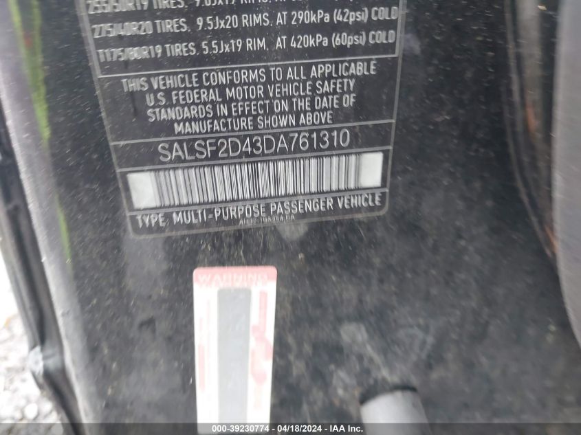 2013 Land Rover Range Rover Sport Hse VIN: SALSF2D43DA761310 Lot: 39230774