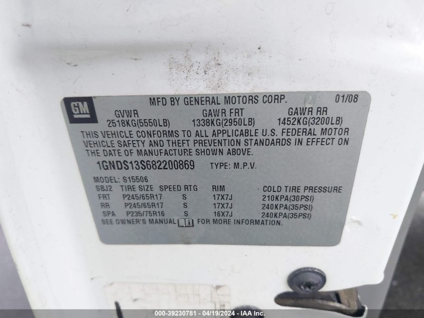 2008 Chevrolet Trailblazer Fleet VIN: 1GNDS13S682200869 Lot: 39230781