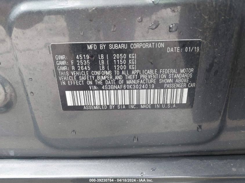 2019 Subaru Legacy 2.5I Premium VIN: 4S3BNAF60K3024019 Lot: 20154988