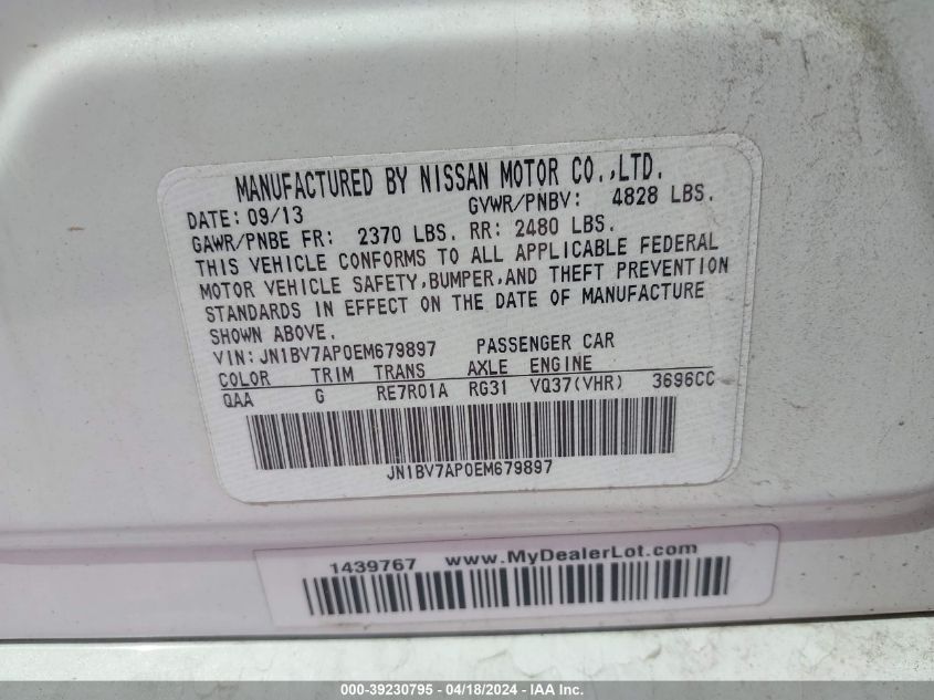 2014 Infiniti Q50 Premium VIN: JN1BV7AP0EM679897 Lot: 39230795