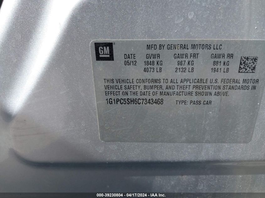 2012 Chevrolet Cruze Ls VIN: 1G1PC5SH6C7343468 Lot: 48660894