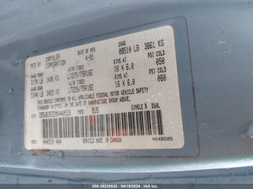 1991 Dodge Ram Wagon B350 VIN: 2B5WB35Z5MK440533 Lot: 39230828