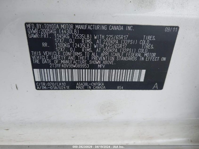 2011 Toyota Rav4 Limited VIN: 2T3YF4DV9BW089953 Lot: 39230829