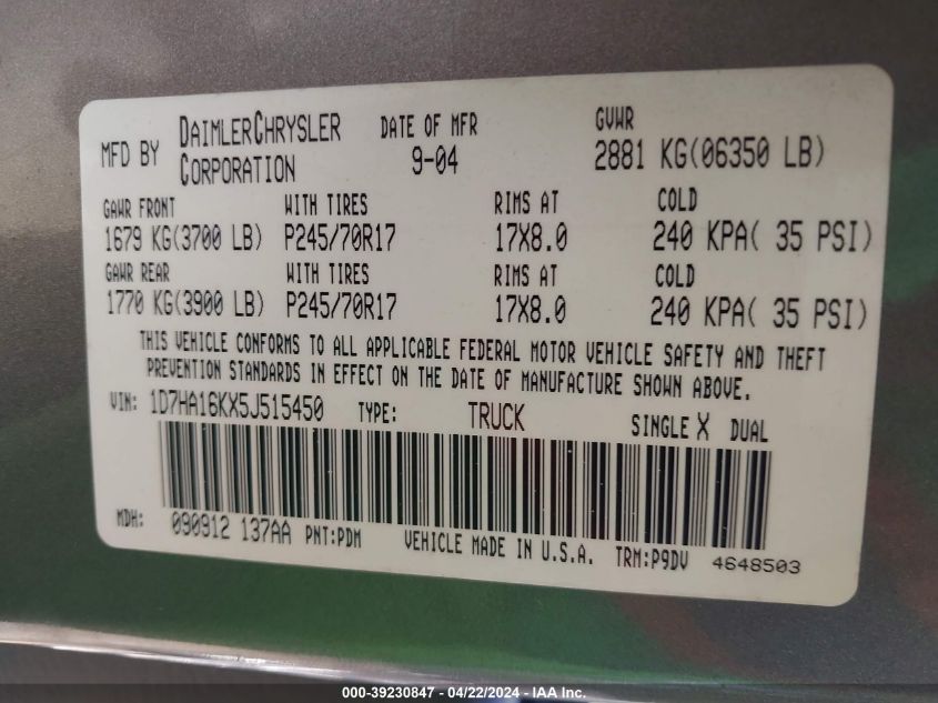 2005 Dodge Ram 1500 St VIN: 1D7HA16KX5J515450 Lot: 39230847