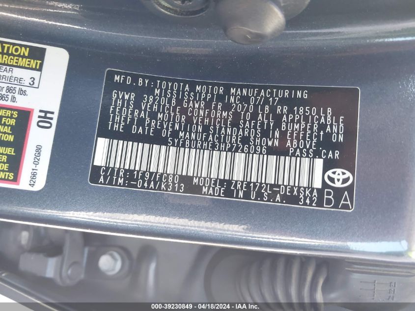 2017 Toyota Corolla Se VIN: 5YFBURHE3HP726096 Lot: 48259914