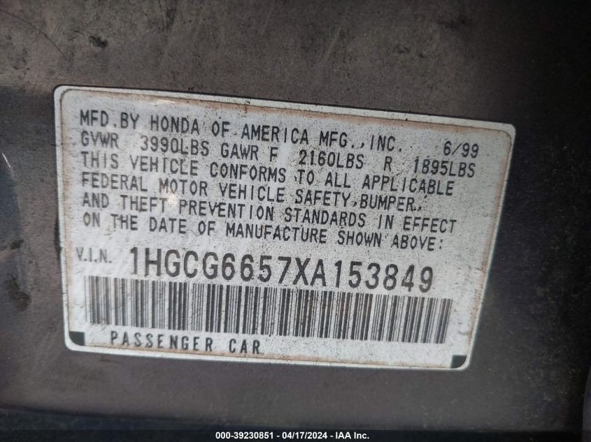 1999 Honda Accord Lx VIN: 1HGCG6657XA153849 Lot: 39240523