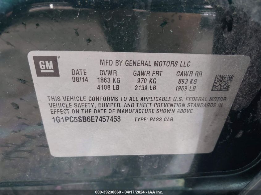 2014 Chevrolet Cruze 1Lt Auto VIN: 1G1PC5SB6E7457453 Lot: 30036166