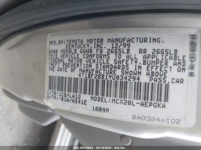 2000 Toyota Avalon Xls VIN: 4T1BF28B1YU034294 Lot: 39230862