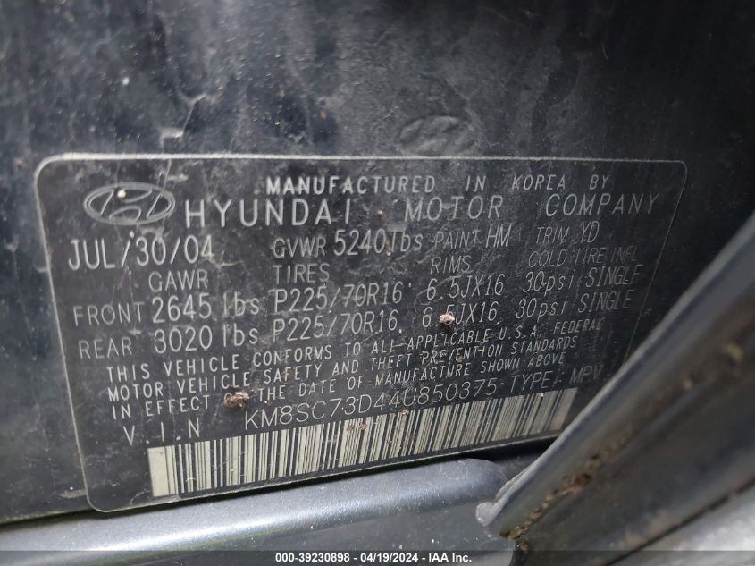 2004 Hyundai Santa Fe Gls VIN: KM8SC73D44U850375 Lot: 39230898