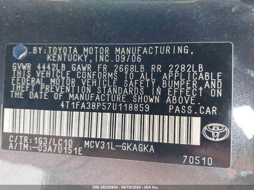 2007 Toyota Camry Solara Sle VIN: 4T1FA38P57U118859 Lot: 39230904