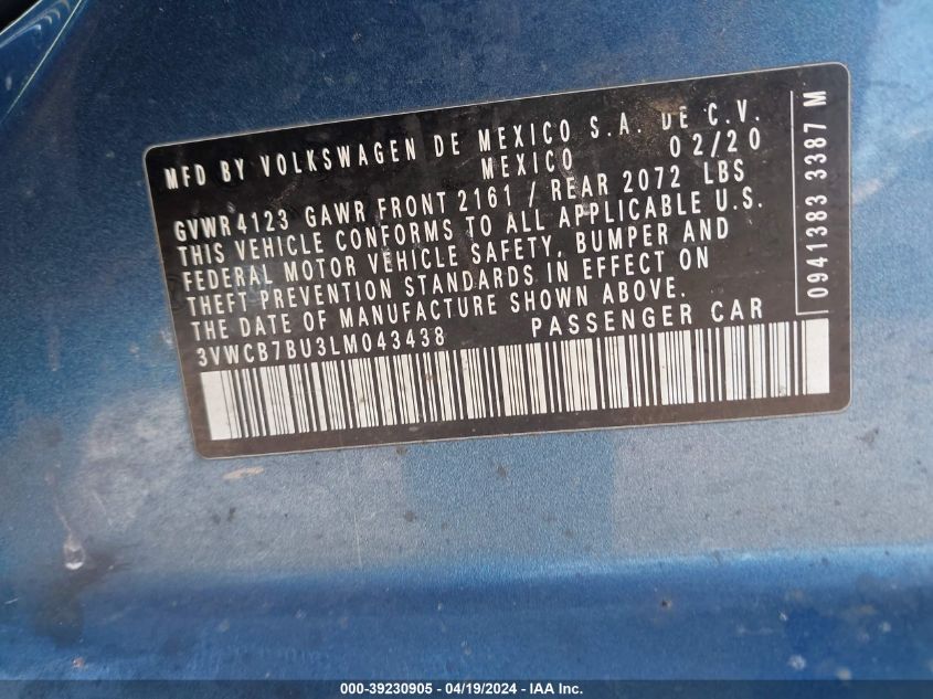 2020 Volkswagen Jetta 1.4T R-Line/1.4T S/1.4T Se VIN: 3VWCB7BU3LM043438 Lot: 39230905