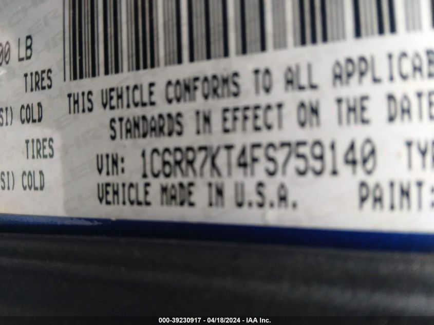 2015 Ram 1500 Express VIN: 1C6RR7KT4FS759140 Lot: 39230917